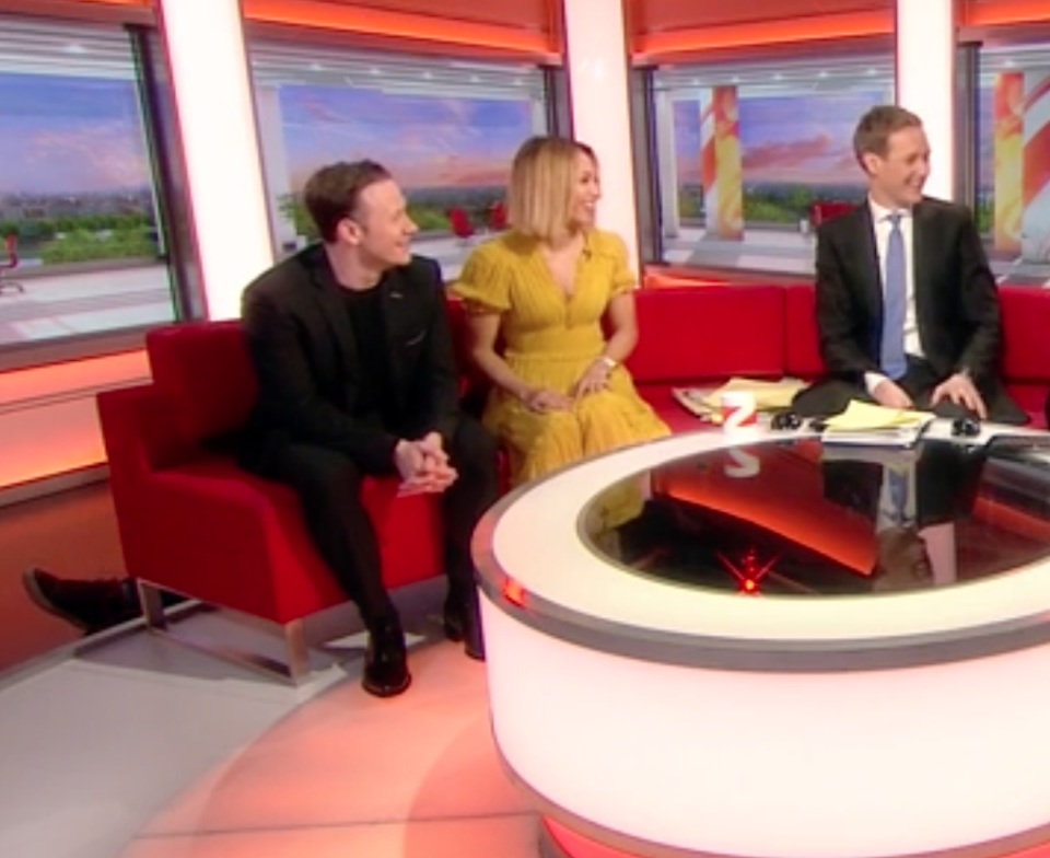 Viewers spotted Tracey's foot slip out from behind the couch. Photo: BBC Breakfast