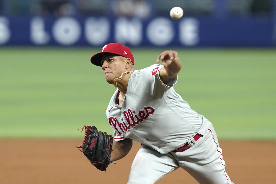 Philadelphia Phillies starting pitcher Ranger Suarez throws during the fifth inning of a baseball game against the Miami Marlins, Saturday, July 16, 2022, in Miami. (AP Photo/Lynne Sladky)