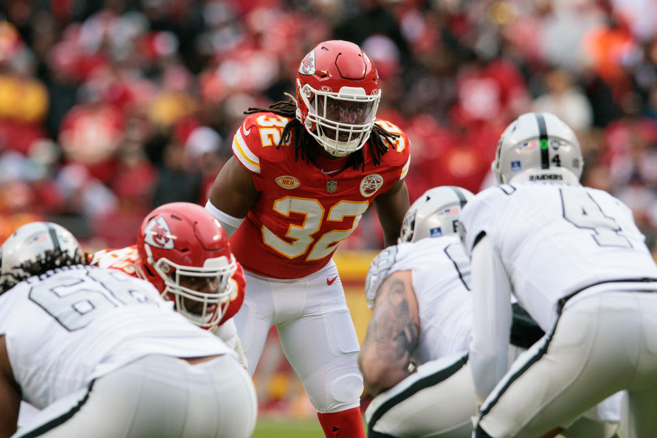 Kansas City Chiefs linebacker Nick Bolton gets ready for the snap against the <a class="link " href="https://sports.yahoo.com/nfl/teams/las-vegas/" data-i13n="sec:content-canvas;subsec:anchor_text;elm:context_link" data-ylk="slk:Las Vegas Raiders;sec:content-canvas;subsec:anchor_text;elm:context_link;itc:0">Las Vegas Raiders</a> on Dec. 25, 2023.<span class="copyright">William Purnell—Icon Sportswire/Getty Images</span>