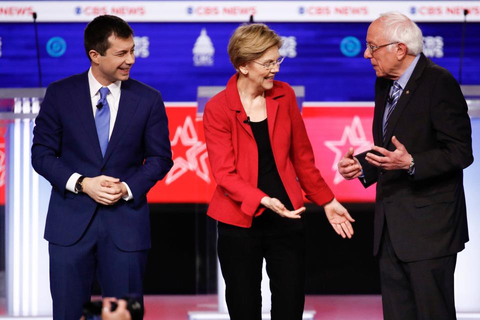 Pete Buttigieg, Elizabeth Warren and Bernie Sanders at the Democratic debate in Charleston, South Carolina, on  Feb. 25, 2020.