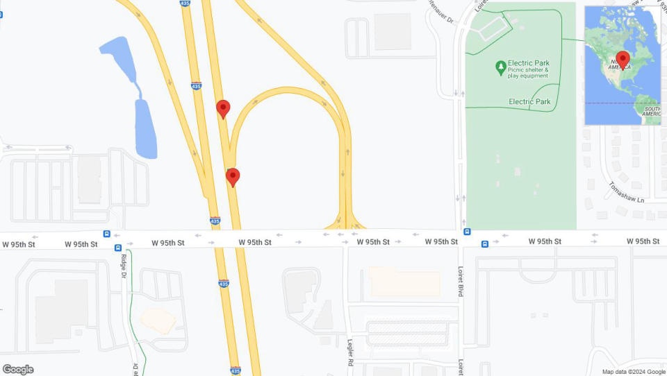 A detailed map that shows the affected road due to 'Broken down vehicle on northbound I-435 in Lenexa' on July 29th at 4:58 p.m.