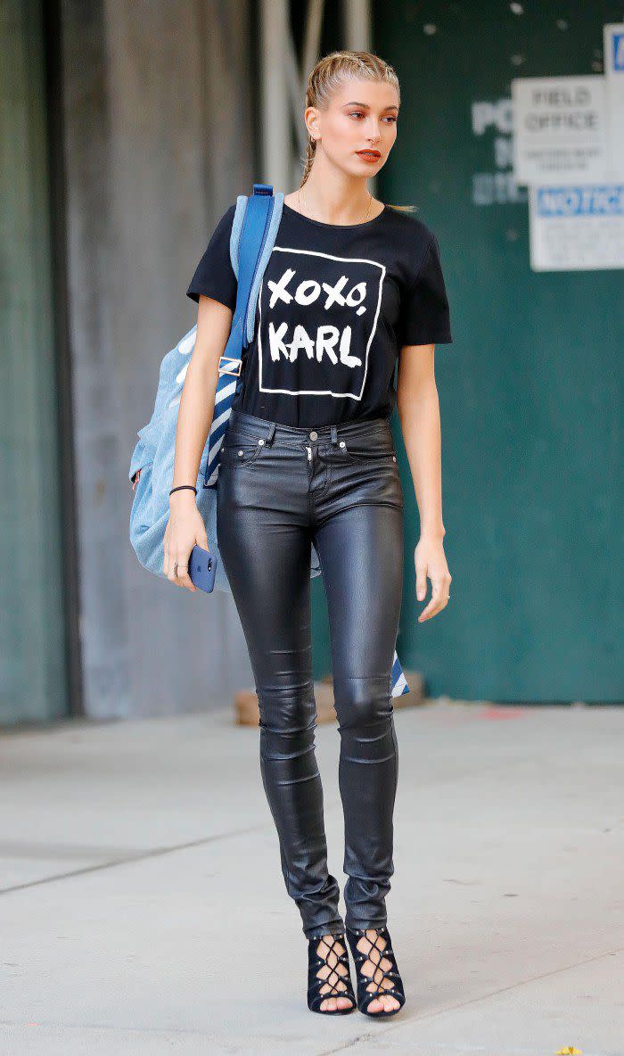 <p><strong>Who:</strong> Hailey Baldwin</p><p><strong>Affordable Fashion Find: Karl Lagerfeld</strong> <a rel="nofollow noopener" href="https://www.karllagerfeldparis.com/product/short+sleeve+xoxo+karl+tee.do?sortby=ourPicks&from=fn" target="_blank" data-ylk="slk:t-shirt;elm:context_link;itc:0;sec:content-canvas" class="link ">t-shirt</a>, $39, and <a rel="nofollow noopener" href="https://www.karllagerfeldparis.com/product/caine+heeled+bootie.do?sortby=ourPicks" target="_blank" data-ylk="slk:shoes;elm:context_link;itc:0;sec:content-canvas" class="link ">shoes</a>, $159, <a rel="nofollow noopener" href="https://www.karllagerfeldparis.com/product/short+sleeve+xoxo+karl+tee.do?sortby=ourPicks&from=fn" target="_blank" data-ylk="slk:karllagerfeldparis.com;elm:context_link;itc:0;sec:content-canvas" class="link ">karllagerfeldparis.com</a>. </p><p><strong>Why We Love It:</strong> A black and white tee to express our love for Karl that's less than $40? Count us in. The pair of lace-up booties makes for the perfect way to dress up the look. </p>