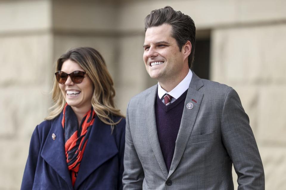 <div class="inline-image__caption"><p>Rep. Matt Gaetz and Ginger Luckey at a rally in Cheyenne, Wyoming. </p></div> <div class="inline-image__credit">Michael Ciaglo/Getty</div>