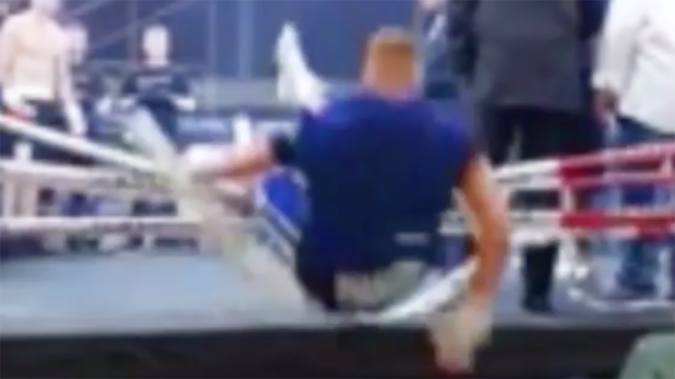 South African heavyweight champion Ruann Visser tumbles backwards from the ring, after the ropes snapped as he leaned on them before a fight. Picture: Twitter