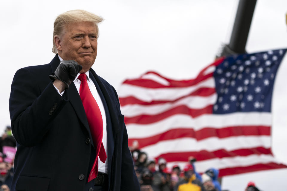 President Donald Trump arrives to speak at a campaign rally at Oakland County International Airport, Friday, Oct. 30, 2020, at Waterford Township, Mich. (AP Photo/Alex Brandon)