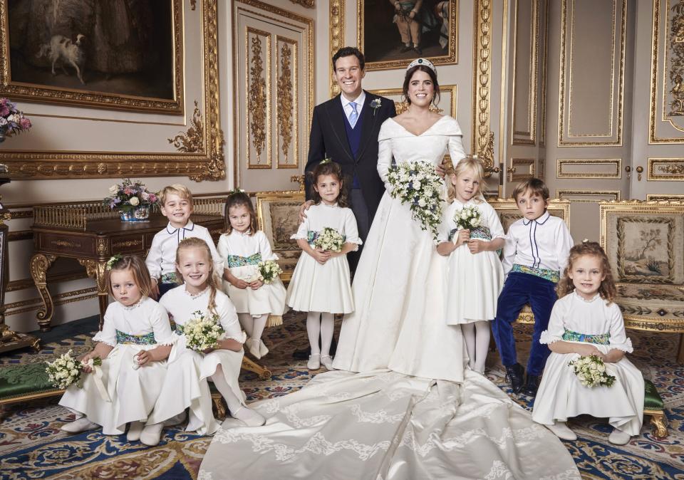 <p>Just one day after <a rel="nofollow noopener" href="https://www.townandcountrymag.com/society/tradition/a15841755/princess-eugenie-jack-brooksbank-wedding/" target="_blank" data-ylk="slk:Princess Eugenie and Jack Brooksbank's gorgeous;elm:context_link;itc:0;sec:content-canvas" class="link ">Princess Eugenie and Jack Brooksbank's gorgeous</a> wedding, the royal family has shared the official portraits taken of the bride, groom, bridal party, and family members. One of the portraits features the Brooksbank and York families, including Eugenie's grandparents, the Queen and Prince Philip, while two other photos show the adorable bridesmaids and page boys, including <a rel="nofollow noopener" href="https://www.townandcountrymag.com/society/tradition/g23552724/prince-george-princess-charlotte-princess-eugenie-jack-brooksbank-wedding-photos/" target="_blank" data-ylk="slk:Princess Charlotte and Prince George.;elm:context_link;itc:0;sec:content-canvas" class="link ">Princess Charlotte and Prince George.</a> The photos were taken by Alex Bramall at Windsor Castle, while one photo was taken at <a rel="nofollow noopener" href="https://www.townandcountrymag.com/society/tradition/a22590847/princess-eugenie-wedding-reception-royal-lodge/" target="_blank" data-ylk="slk:Royal Lodge, the royal wedding reception venue.;elm:context_link;itc:0;sec:content-canvas" class="link ">Royal Lodge, the royal wedding reception venue.</a> </p><p>See every portrait here: </p>