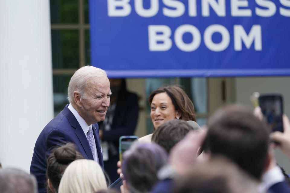 President Joe Biden greets the audience in the Rose Garden of the White House in Washington, Monday, May 1, 2023, about National Small Business Week, as Vice President Kamala Harris looks on. (AP Photo/Susan Walsh)