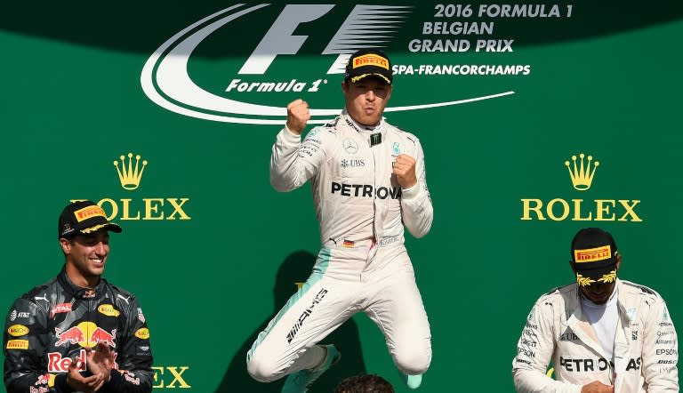 Nico Rosberg (C) came first at the Belgium Grand Prix on August 28, 2016 with his teammate for Mercedes Lewis Hamilton (R) in third place