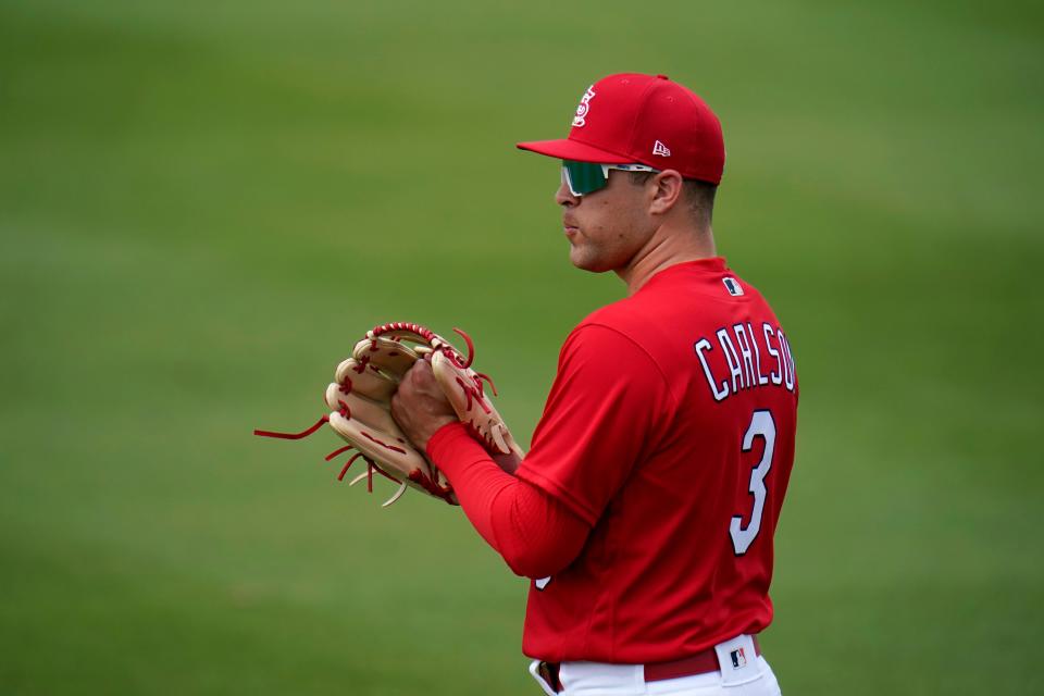 Dylan Carlson looks like an everyday starter in right field this season after the Cardinals traded away veteran Dexter Fowler to the Angels.