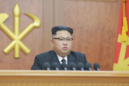 North Korean leader Kim Jong Un gives a New Year address for 2017 in this undated picture provided by KCNA in Pyongyang on January 1, 2017. KCNA/via Reuters