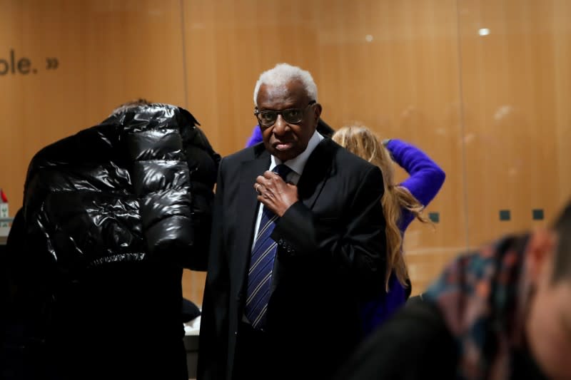 Former President of International Association of Athletics Federations (IAAF) Lamine Diack arrives for his trial at the Paris courthouse