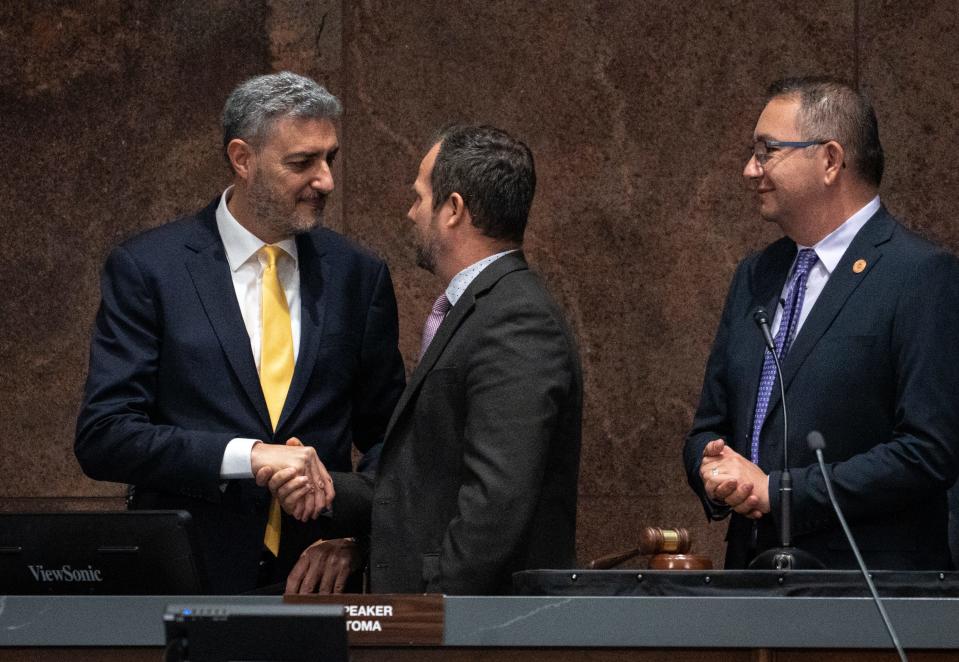 Israeli consul general, Israel Bachar (left), talks with Warren Petersen (center, President of the Senate) at the Arizona State Capitol in Phoenix on April 3, 2024. Looking on is Ben Toma (right, Speaker of the House).