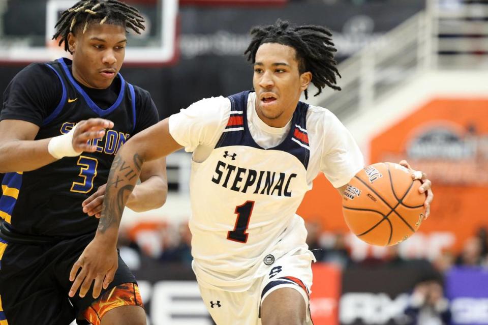 Stepinac’s Boogie Fland #1 in action against Simeon during a high school basketball game at the Hoophall Classic, Sunday, January 15, 2023, in Springfield, MA. (AP Photo/Gregory Payan)