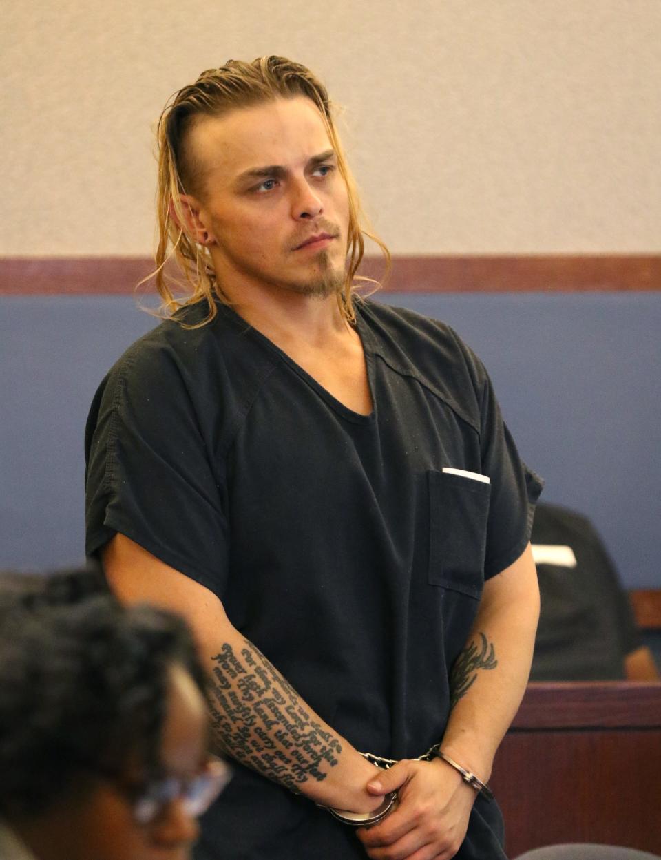 Corey Trumbull, charged in the slaying of an 11-year-old boy in Texas, appears in court at the Regional Justice Center on Thursday, March 5, 2020, in Las Vegas. Trumbull was arrested in Las Vegas after police responded to a call about a domestic violence attack on Boulder Highway on Feb. 25, 2020. (Bizuayehu Tesfaye/Las Vegas Review-Journal) @bizutesfaye