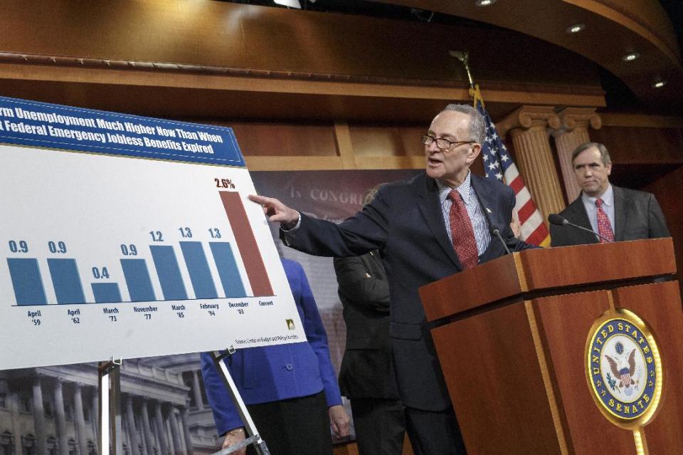 Sen. Charles Schumer, D-N.Y., left, accompanied by Sen. Jeff Merkley, D-Ore., meets with reporters on Capitol Hill in Washington, Tuesday, Jan. 7, 2014, after legislation to renew jobless benefits for the long-term unemployed unexpectedly cleared an initial Senate hurdle. The vote was 60-37 to limit debate on the legislation, with a half-dozen Republicans siding with the Democrats on the test vote. Sen. Jack Reed, D-R.I., along with Republican Sen. Dean Heller of Nevada, led the effort to reauthorize the benefits for three months which expired on Dec. 28. (AP Photo/J. Scott Applewhite)