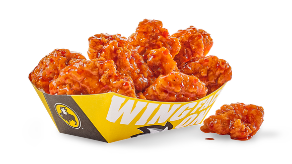 Buffalo wings in a Buffalo Wild Wings container.