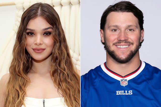 <p>Cindy Ord/Getty; AP Photo</p> Hailee Steinfeld at a panel on August 8, 2023, in New York City; Josh Allen's roster photo for the Buffalo Bills.