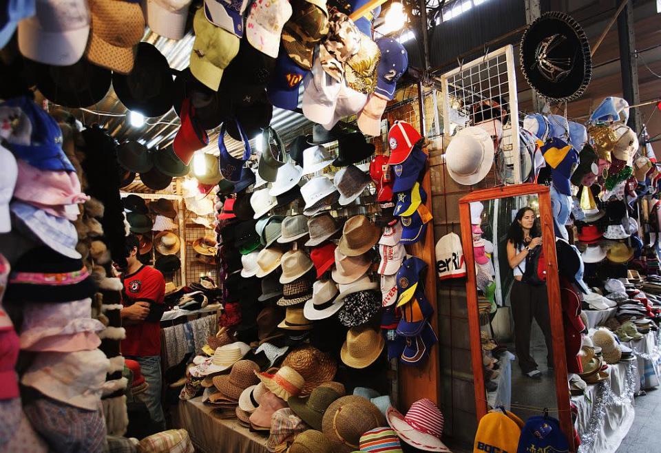 A market hall with hats in Buenos Aires, Argentina.