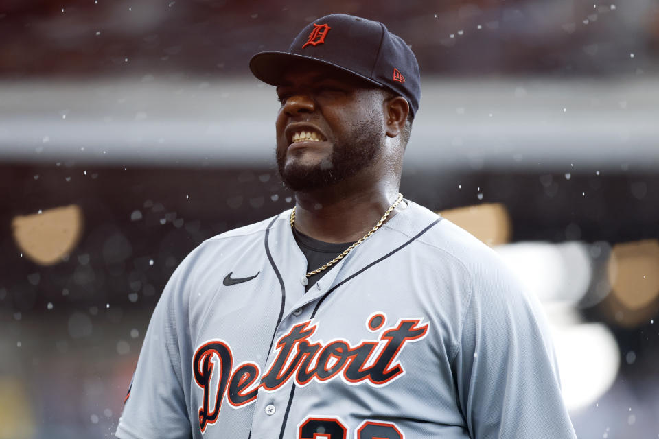 Detroit Tigers starting pitcher Michael Pineda walks off the field after giving up five runs to the Cleveland Guardians during the second inning of a baseball game Saturday, July 16, 2022, in Cleveland. (AP Photo/Ron Schwane)