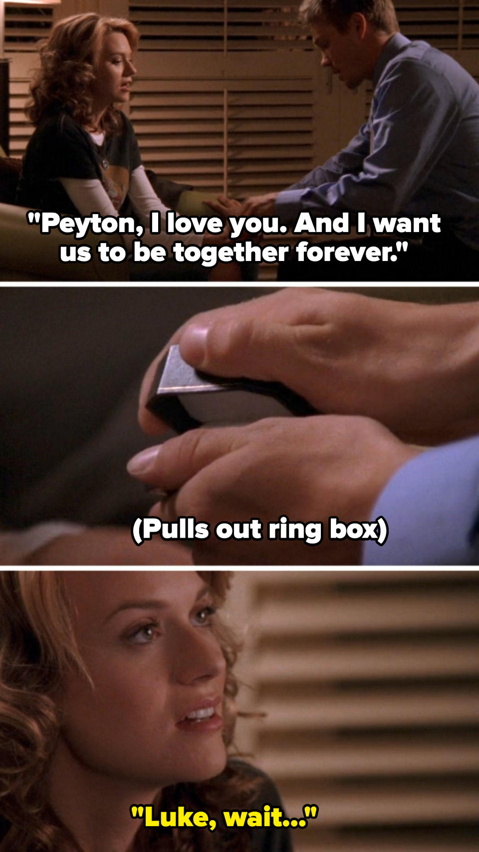 Luke on One Tree Hill says, "Peyton, I love you, and I want us to be together forever" and pulls out a ring box, and Peyton says, "Luke, wait"