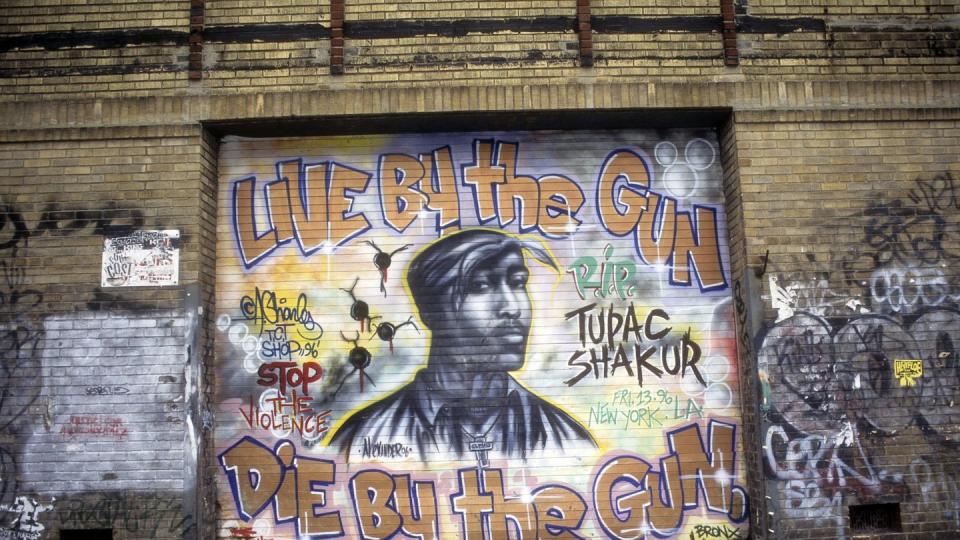 a mural of tupac shakur on a brick wall, with the words live by the gun die by the gun around it, along with stop the violence, and rip tupac shakur