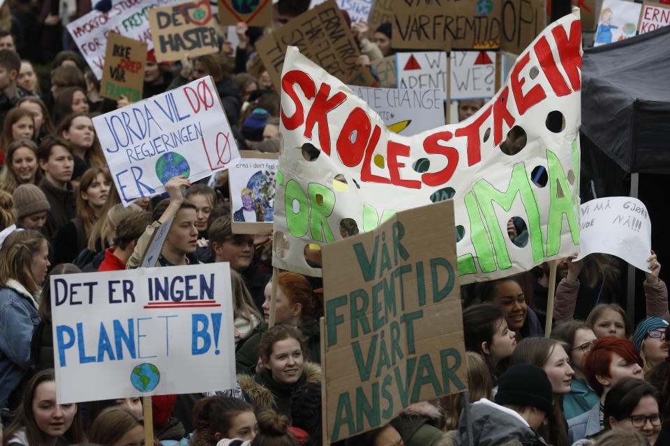 Students gather for a protest against politicians who they allege are not doing enough to halt climate change, during a mass demonstration near the parliament building in central Oslo, Norway, Friday March 22, 2019. (Tom Hansen/NTB scanpix via AP)