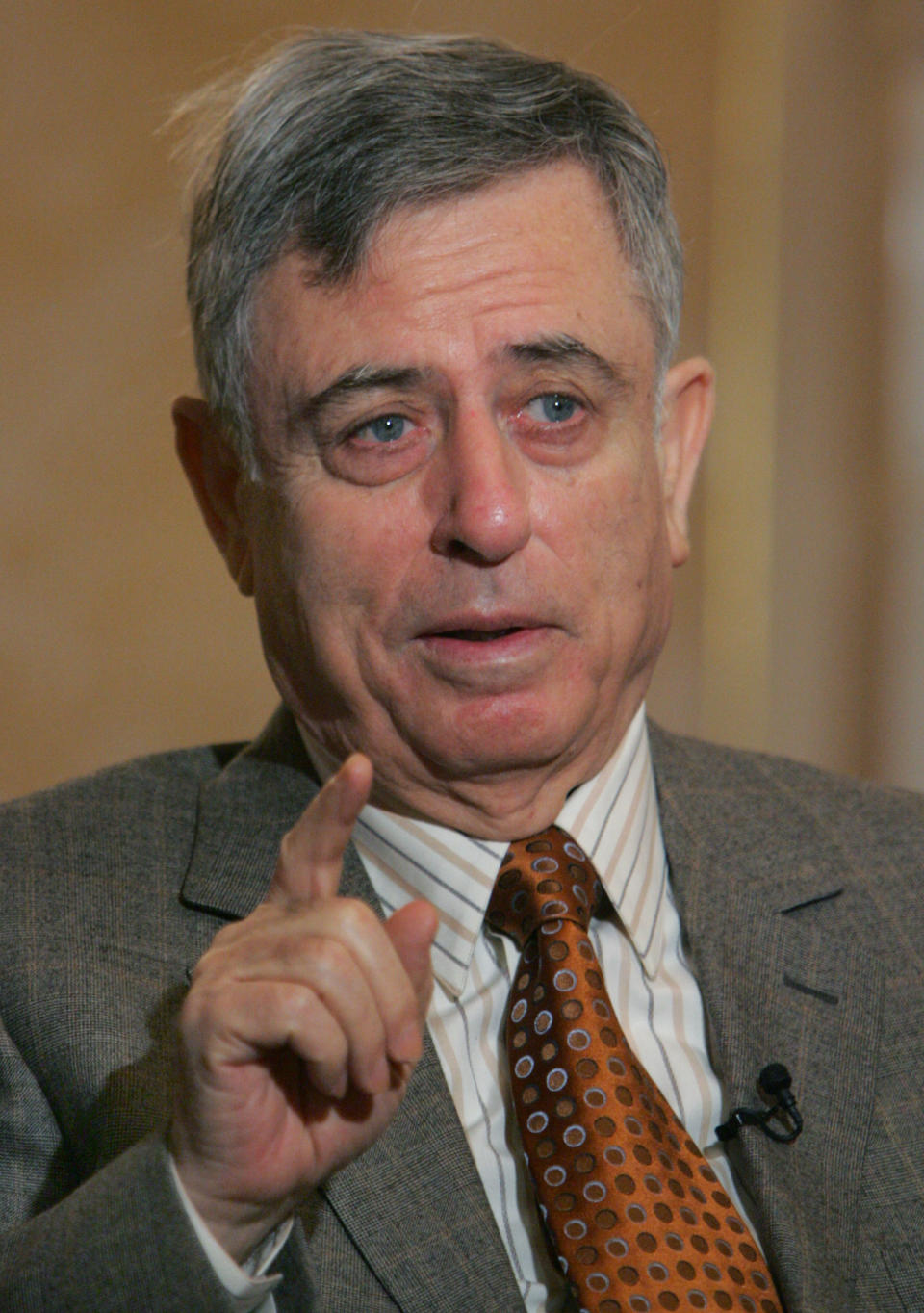 FILE - In this Jan. 6, 2006 file photo, former Syrian vice president and foreign minister Abdul-Halim Khaddam speaks during an interview with The Associated Press, in Paris, France. Khaddam who was one of the most influential figures in Syria before he defected in 2005 to France has died in Paris Arab media outlets reported Wednesday, April 1, 2020. He was 87. (AP Photo/Remy de la Mauviniere, File)