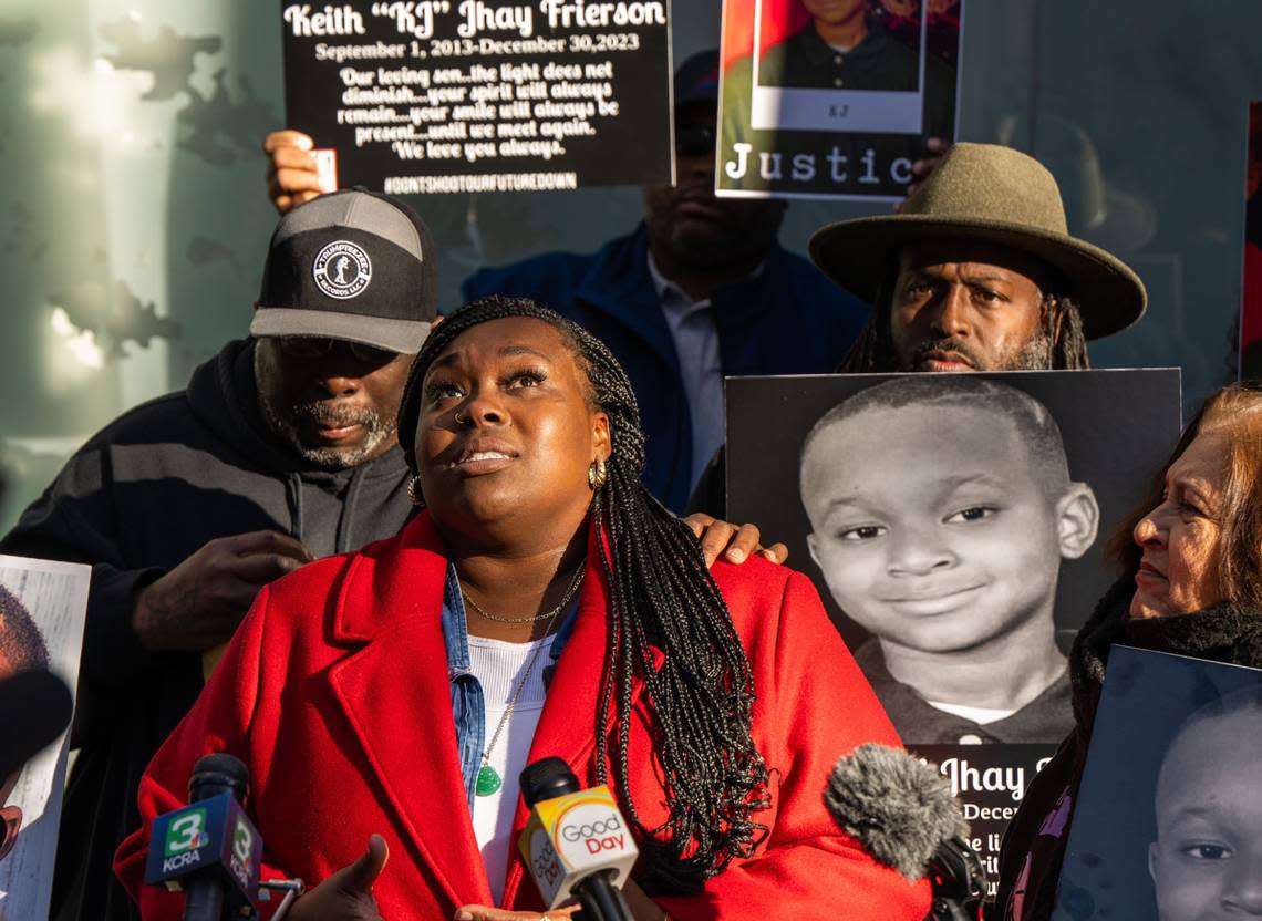 Brittani Frierson, mother of Keith Jhay “KJ” Frierson, 10, on Friday, Jan. 5, 2024, asks for justice for her son after a court appearance by Arkete Turan Davis, 53, the father of another 10-year-old who is suspected of shooting “KJ” with a stolen gun he took from Davis’ car.