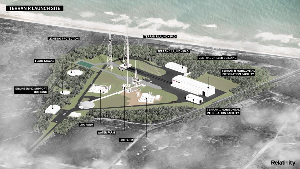 This rendering shows future plans for Relativity Space's operations at Launch Complex 16. The larger hangar will support the larger Terran R series of rockets.