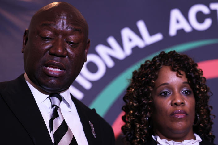 Attorney Ben Crump speaks during a press conference at the Times Square Sheraton hotel on April 06, 2022 in New York City alongside Karen Wells, the mother of Amir Locke.  (Photo by Michael M. Santiago/Getty Images)