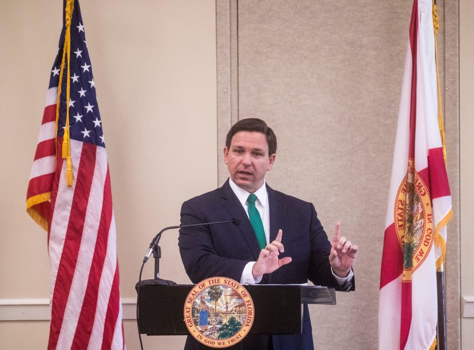 Florida Gov. Ron DeSantis speaks during a press conference at North Collier Regional Park in Naples on Wednesday, March 17, 2021, at which he blasted critical race theory and said it would not be taught in Florida schools.