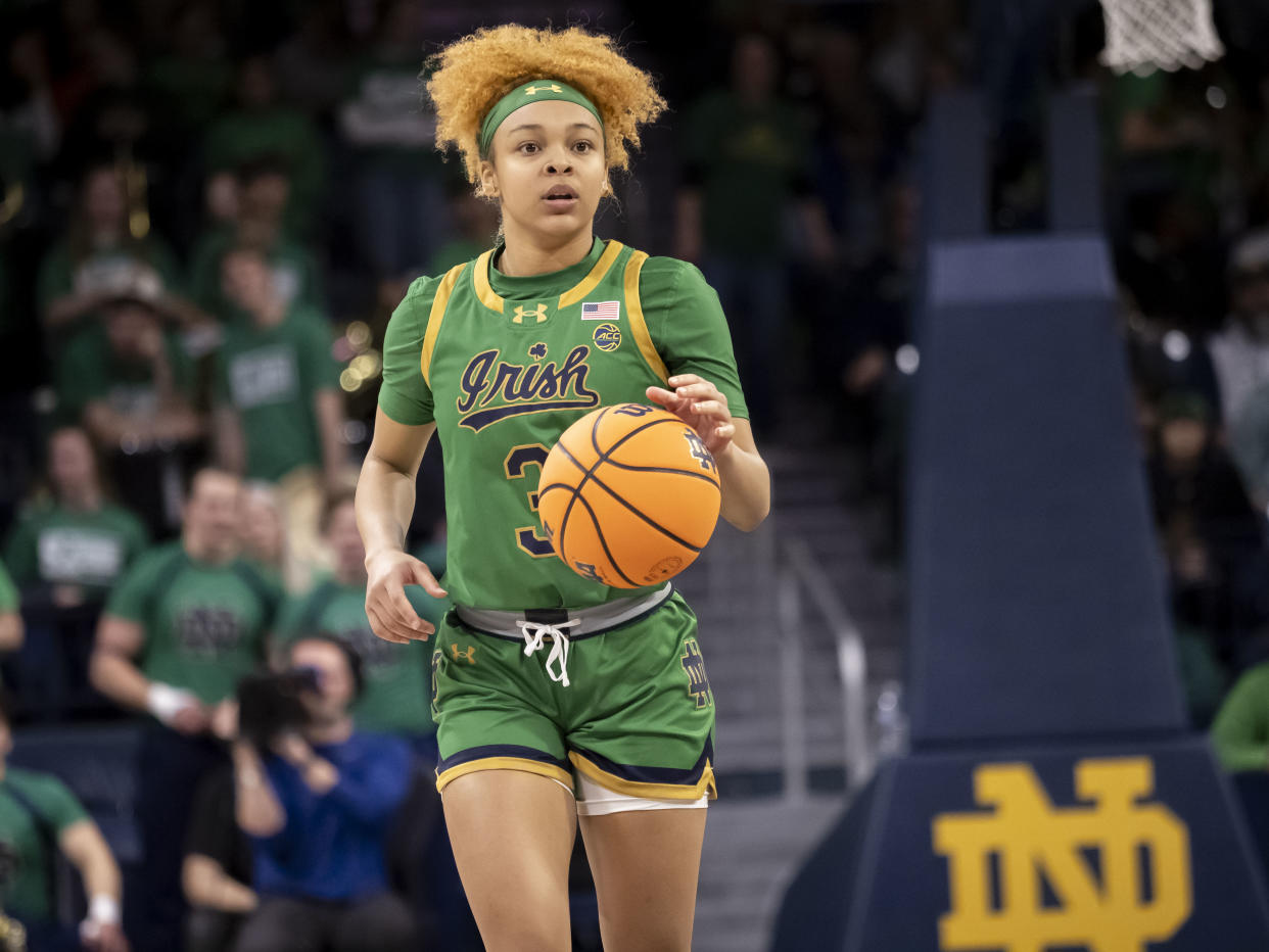 SOUTH BEND, IN - FEBRUARY 29: Notre Dame Fighting Irish guard Hannah Hidalgo (3) dribbles the ball down court during a college basketball game between the Virginia Tech Hokies and the Notre Dame Fighting Irish on February 29, 2024 at Purcell Pavilion in South Bend, Indiana. (Photo by Joseph Weiser/Icon Sportswire via Getty Images)