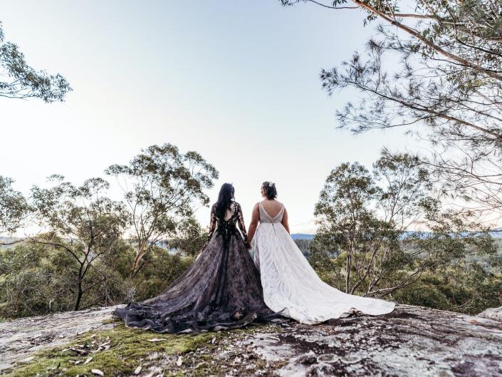 Two brides stand on a rock overlooking a forest.