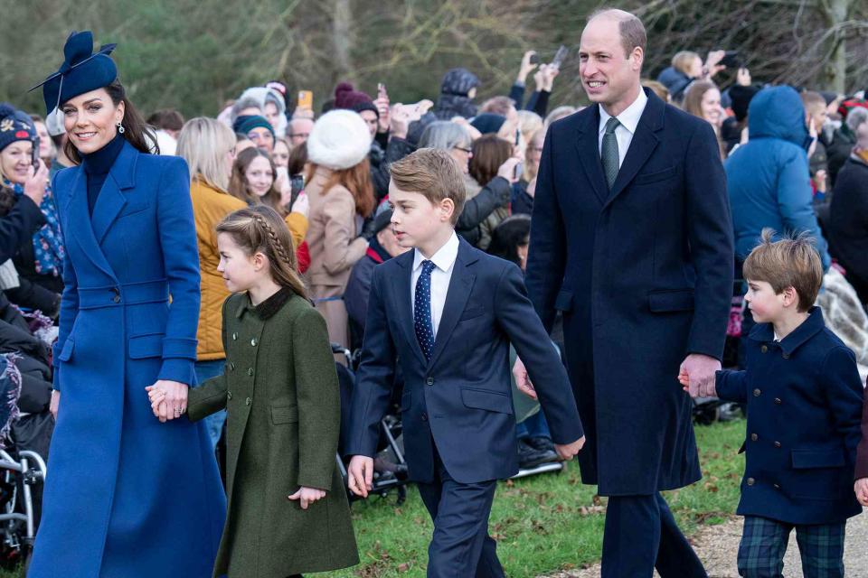 <p>Mark Cuthbert/UK Press via Getty</p> Kate Middleton, Princess Charlotte, Prince George, Prince William and Prince Louis on Christmas 2023.