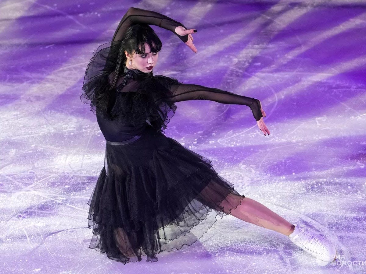 Kamila Valieva performs viral "Wednesday" dance at the Russian Figure Skating Championship.