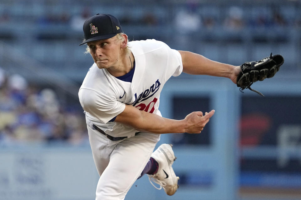 Los Angeles Dodgers starting pitcher Emmet Sheehan throws to the plate during the third inning of a baseball game against the Pittsburgh Pirates Tuesday, July 4, 2023, in Los Angeles. (AP Photo/Mark J. Terrill)