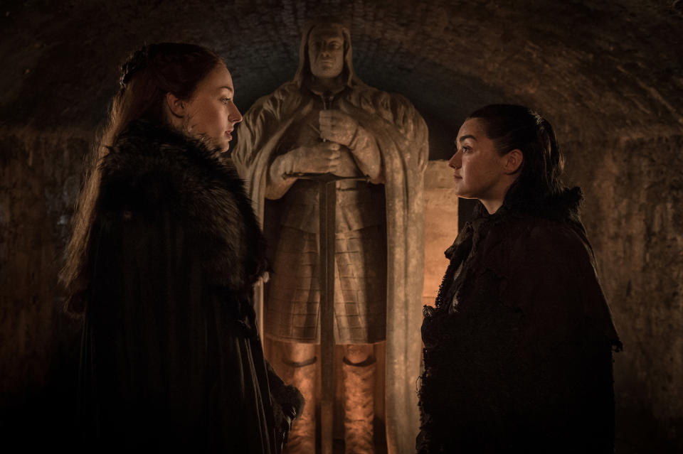 Fancy seeing you here: Sansa and Arya are finally reunited back in Winterfell. (HBO)