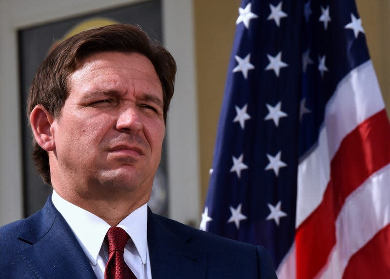 Florida Gov. Ron DeSantis seen during a press conference to announce the award of $100 million for beach recovery following Hurricanes Ian and Nicole in Daytona Beach Shores in Florida. 