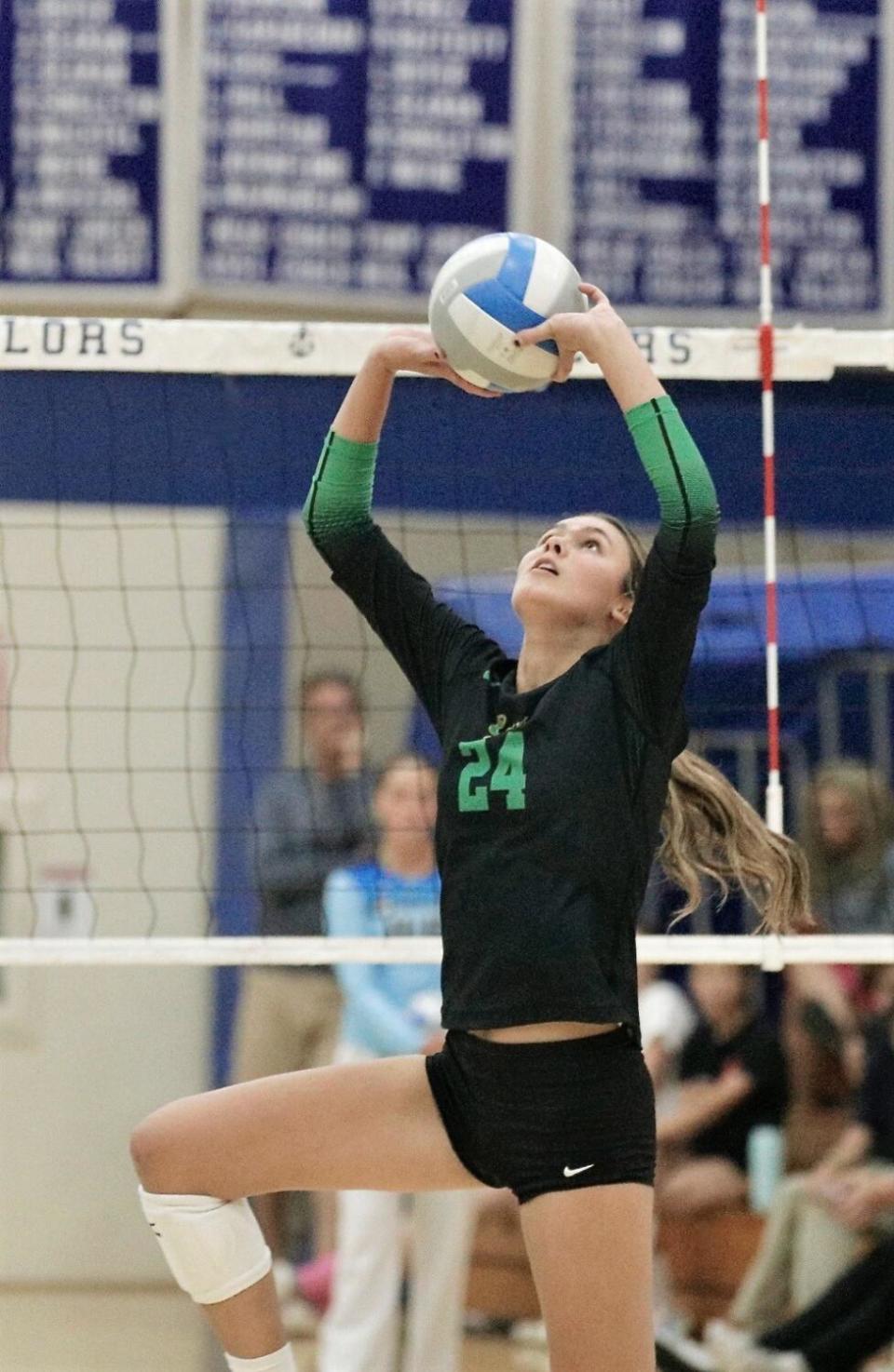 Setter Charlie Fuerbringer in action for Mira Costa's girls' volleyball team.