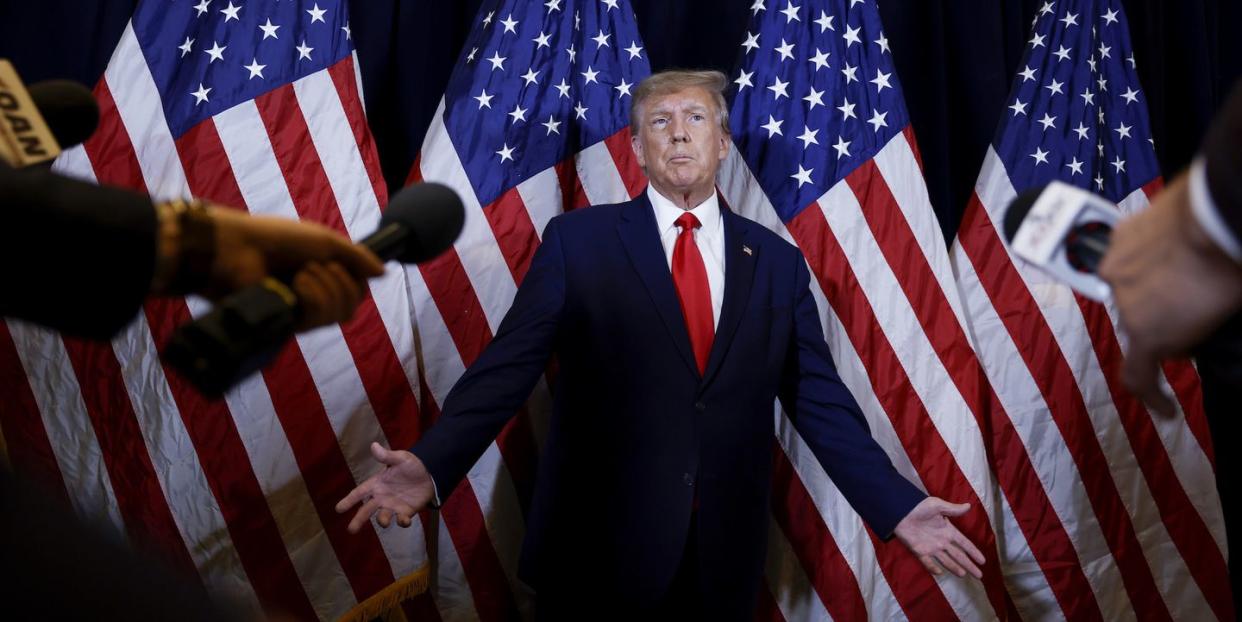 national harbor, maryland march 04 former us president donald trump speaks to reporters before his speech at the annual conservative political action conference cpac at gaylord national resort convention center on march 4, 2023 in national harbor, maryland trump took questions from reporters over a range of topics including on the progress of his campaign and his opinions on the war in ukraine conservatives gathered at the four day annual conference to discuss the agenda of the republican party photo by anna moneymakergetty images