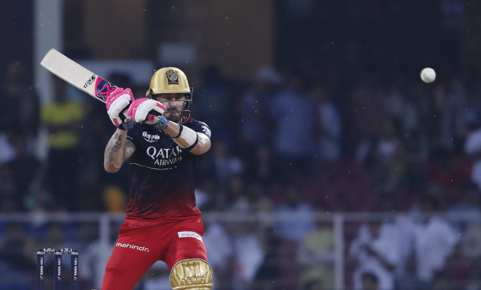 Royal Challengers Bangalore's captain Faf Du Plessis plays a shot during the Indian Premier League (IPL) match between Lucknow Super Giants and Royal Challengers Bangalore in Lucknow, India, Monday, May 1, 2023. (AP Photo/Surjeet Yadav)