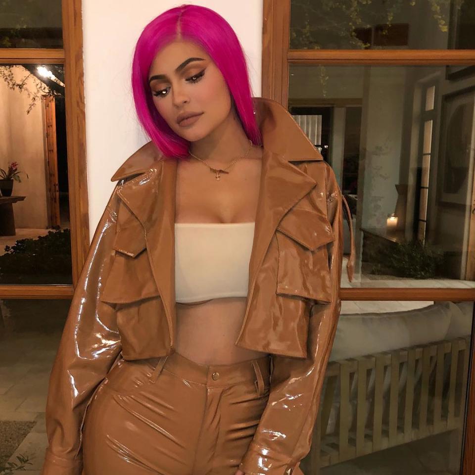 <p>Latex isn’t just for dresses, here she wore a beige latex jacket and matching trousers. Photo: Instagram @kyliejenner </p>