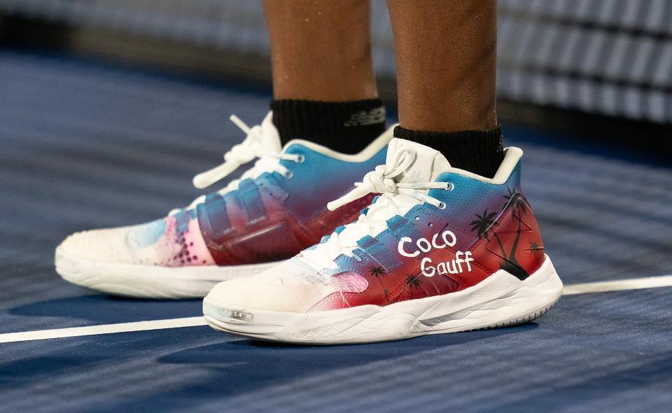 Coco Gauff’s specially made shoes with colors chosen by Gauff to pay homage to Pompey Park in her hometown of Delray Beach.