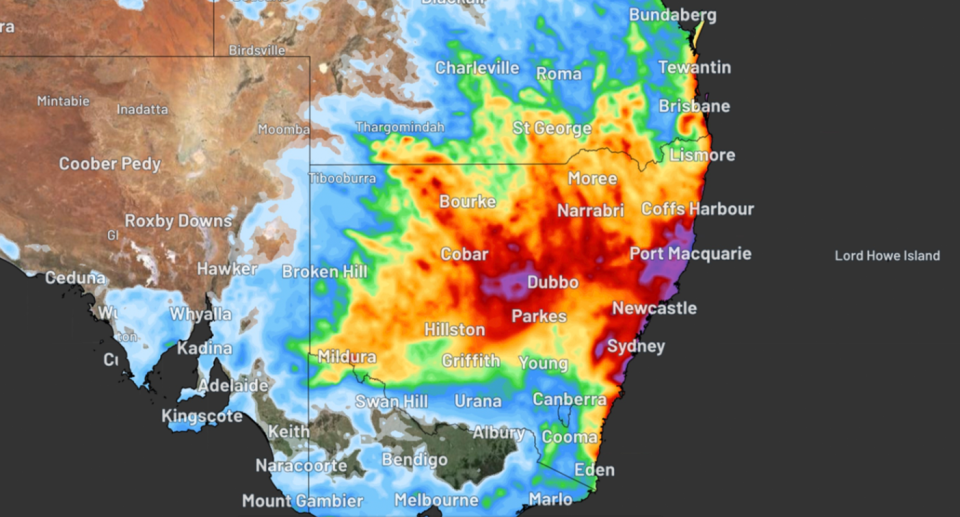 A radar image of NSW showing areas set to be impacted by 10 days' worth of heavy rainfall. 