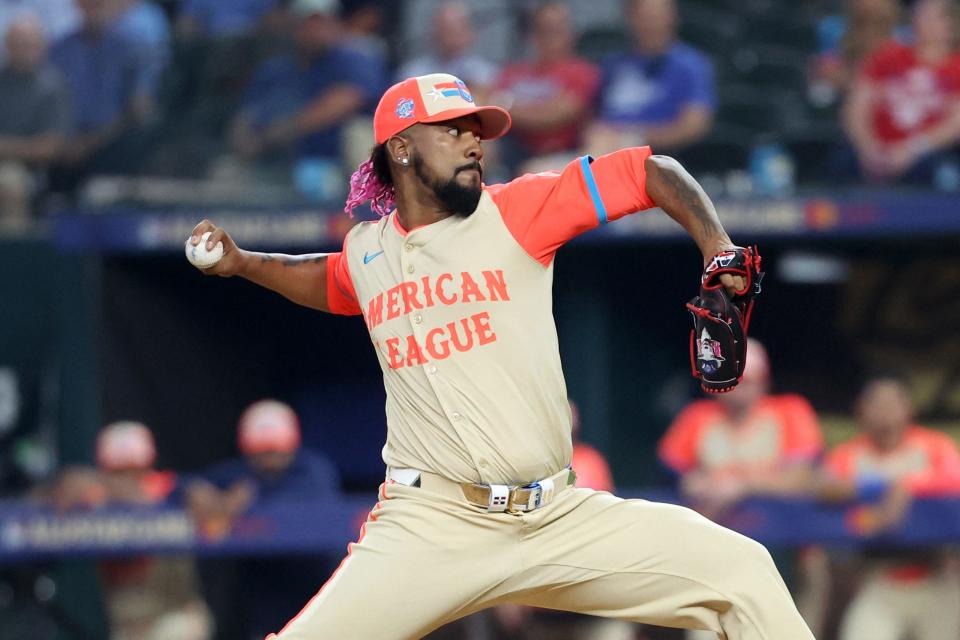 Emmanuel Clase of the Cleveland Guardians pitches in the ninth inning during the MLB All-Star game, July 16, 2024, in Arlington, Texas.