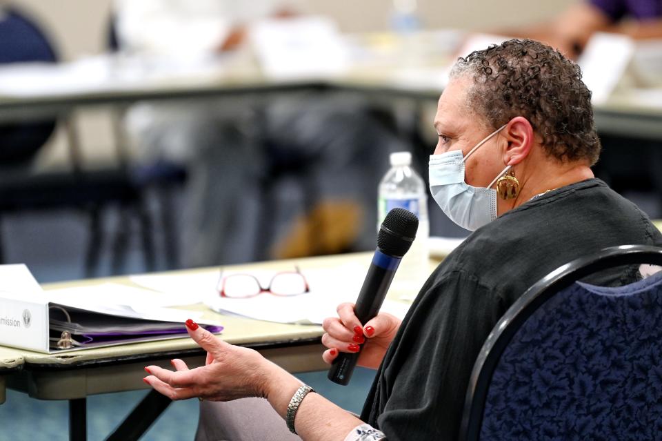 Sharon R. Hobbs speaks during the East Lansing Independent Police Oversight Commission meeting on Monday, May 9, 2022, at the Hannah Community Center in East Lansing.
