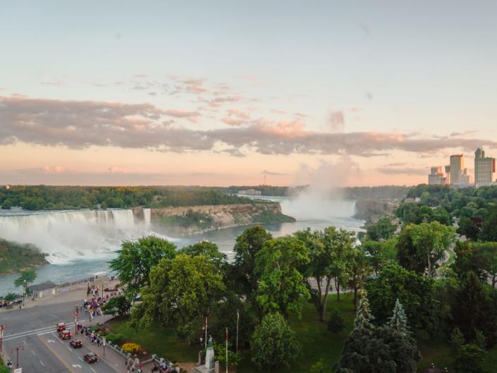 View of Niagara Falls from Sheraton hotel room at sunset