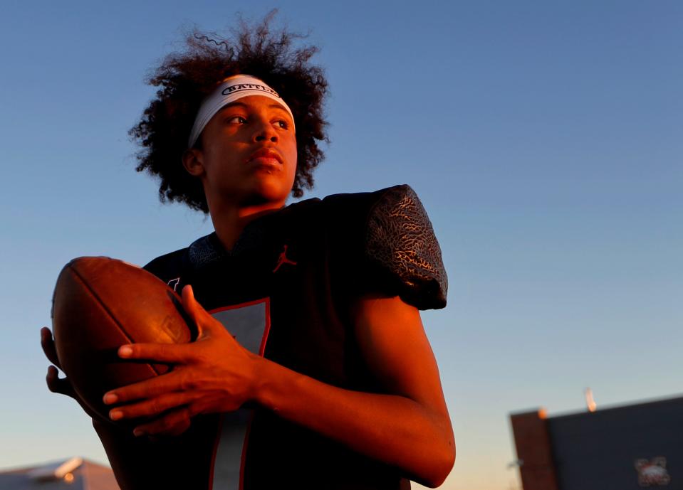 Tyson Pogi poses for a photograph at Mustang High School in Mustang, Okla., Tuesday, Nov., 7, 2023.