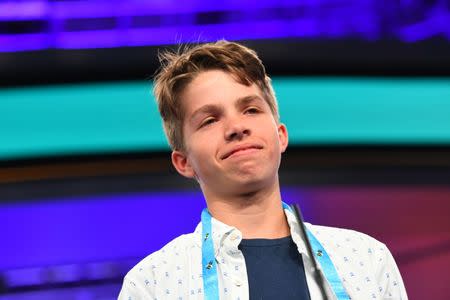 May 30, 2018; National Harbor, MD, USA; Kieran McKinney from Wisconsin has spelled the word depravity (corrupt act or practice) correctly during the 2018 Scripps National Spelling Bee at the Gaylord National Resort and Convention Center. Mandatory Credit: Jack Gruber-USA TODAY NETWORK