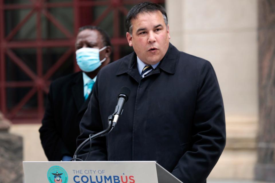 Columbus Mayor Andrew Ginther speaks outside Columbus City Hall on Tuesday following the fatal shooting of an unarmed Black man.